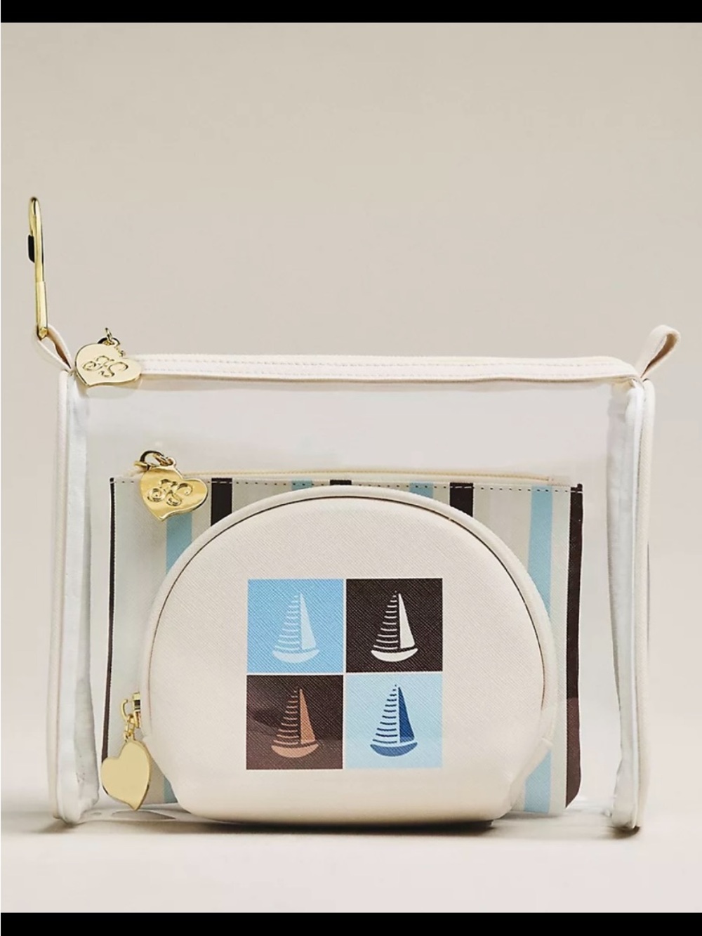 Anthropologie Cream & Blue Clear Cosmetic Bag Set